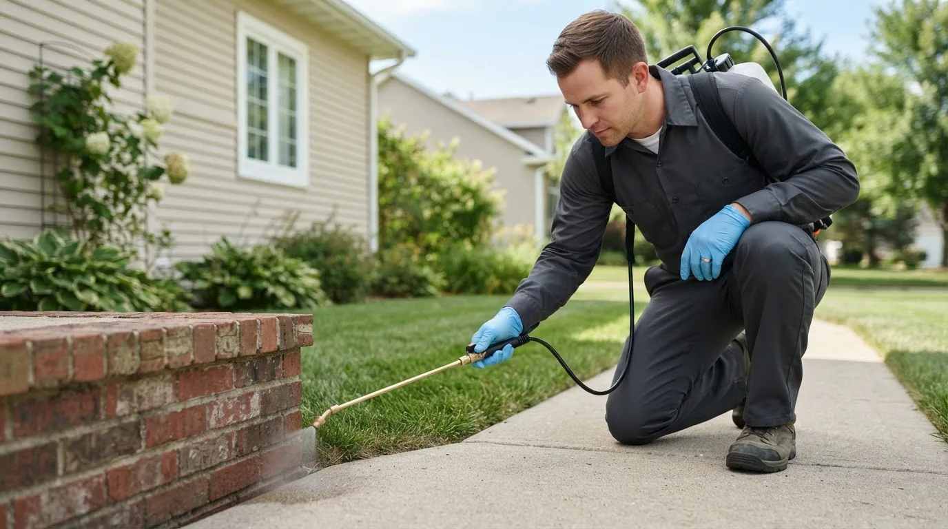 Pest control technician treating a home near Potterville, MI