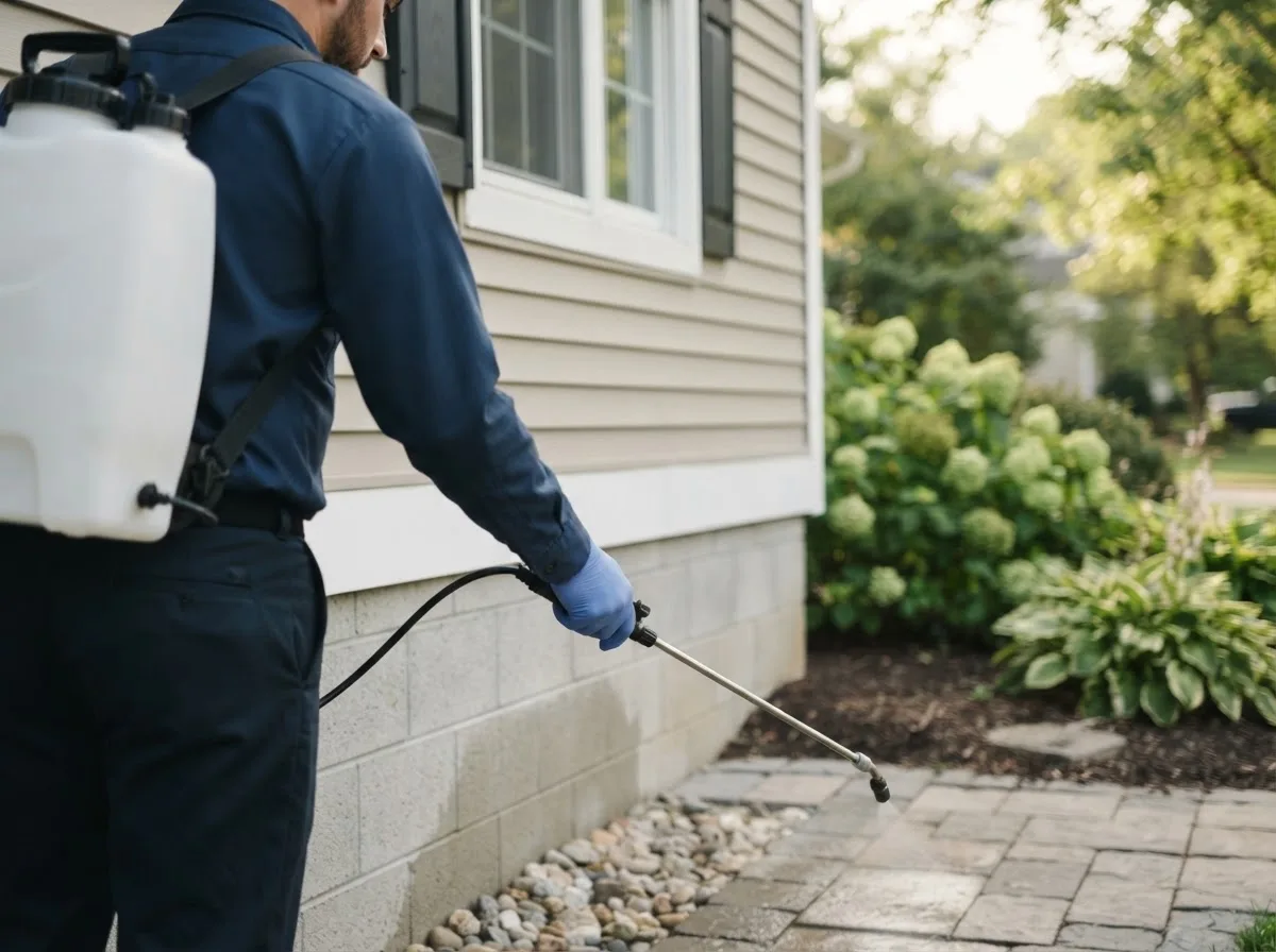 Pest control technician inspecting a home in Potterville, MI